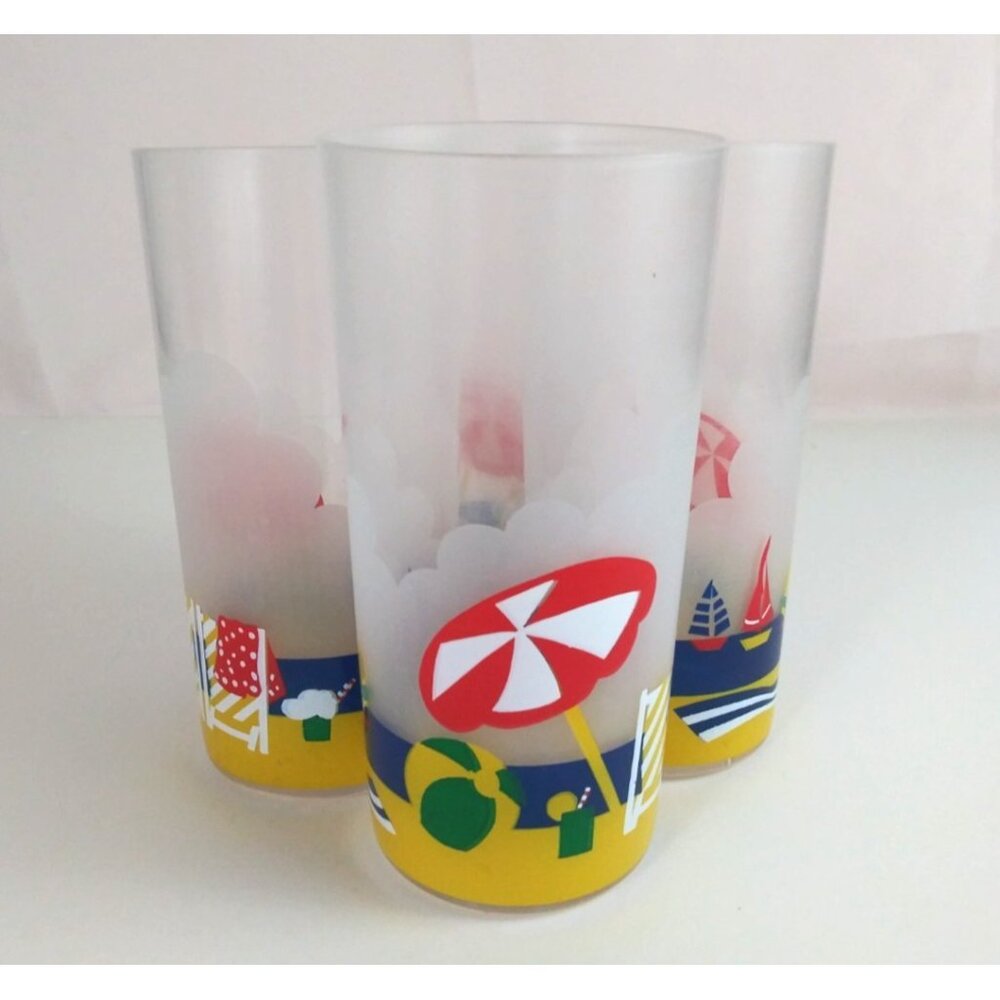 Vtg Set Of 4 Montgomery Ward Plastic Beach Summer 16oz Tumbler Drinking Glasses